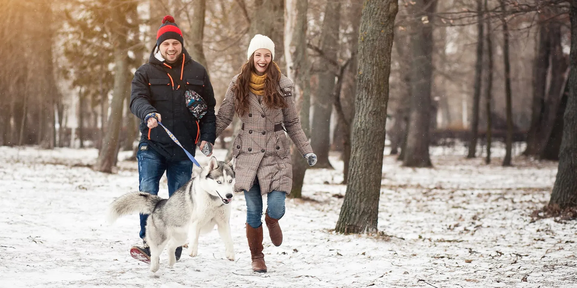 Mies ja nainen kävelyttävät husky-koiraansa talvisessa maisemassa