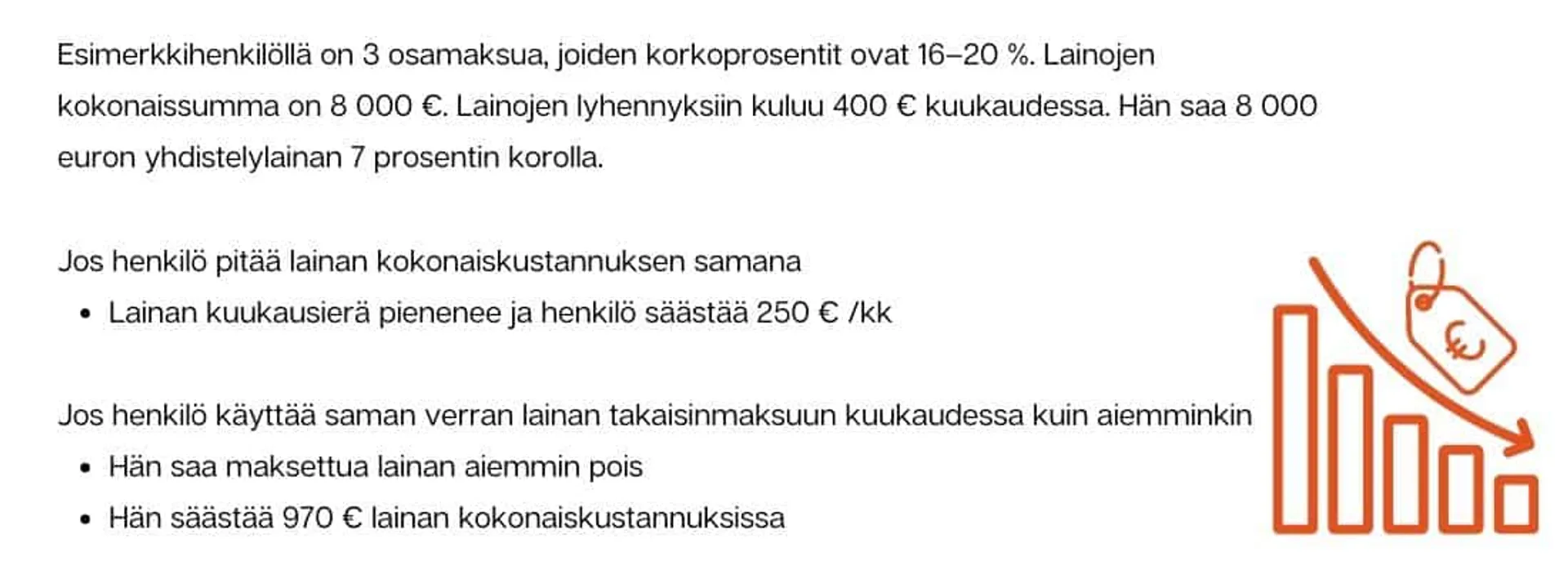 Lainaesimerkki osamaksujen yhdistämisen kerryttämistä säästöistä.